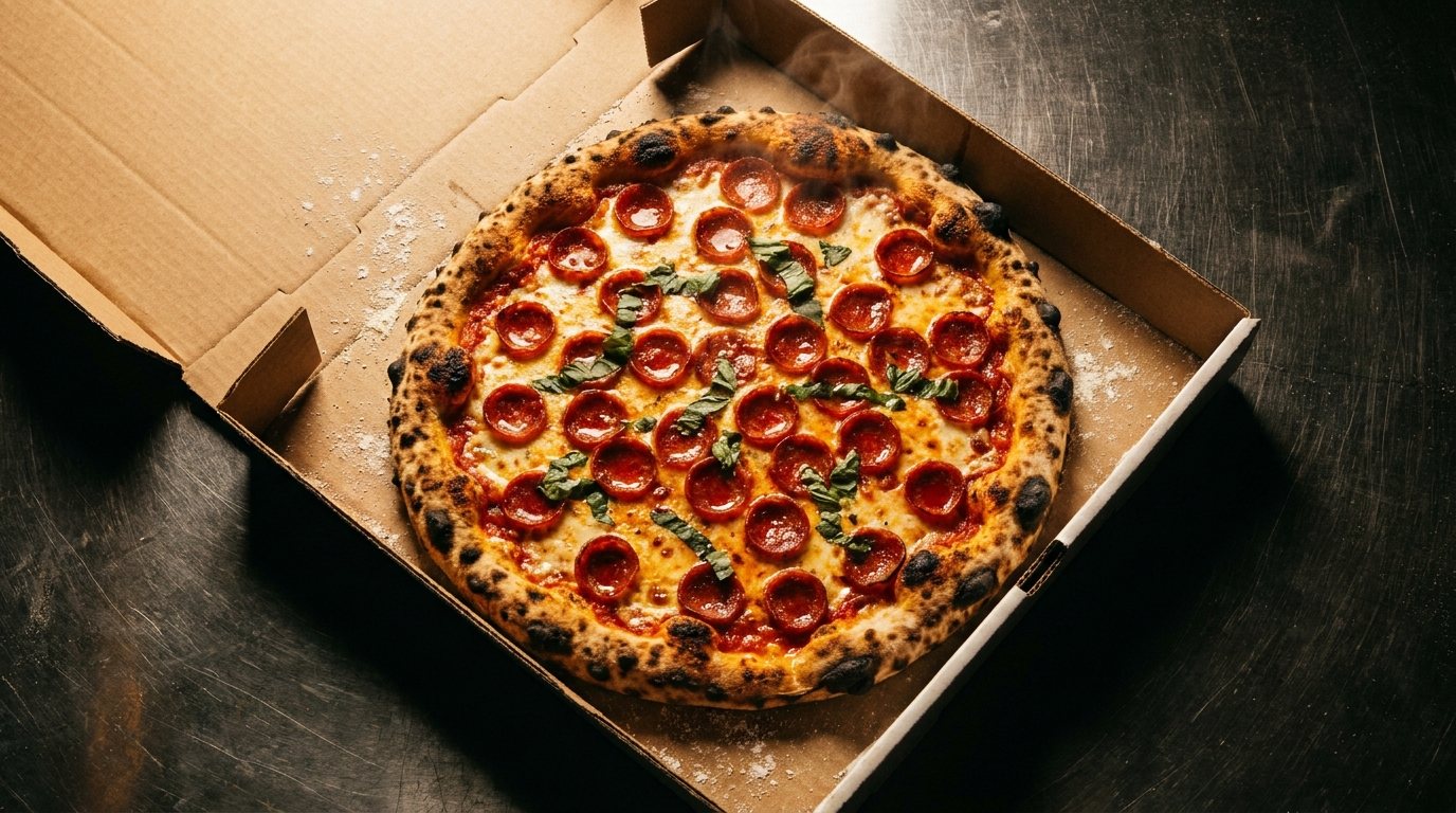 A whole pepperoni pizza with charred crust and fresh basil in an open kraft pizza box