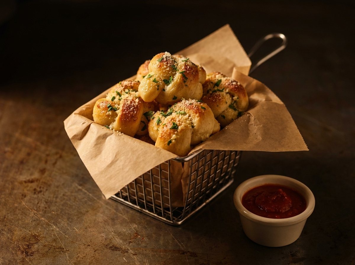 Golden garlic knots in a steel basket with marinara on the side