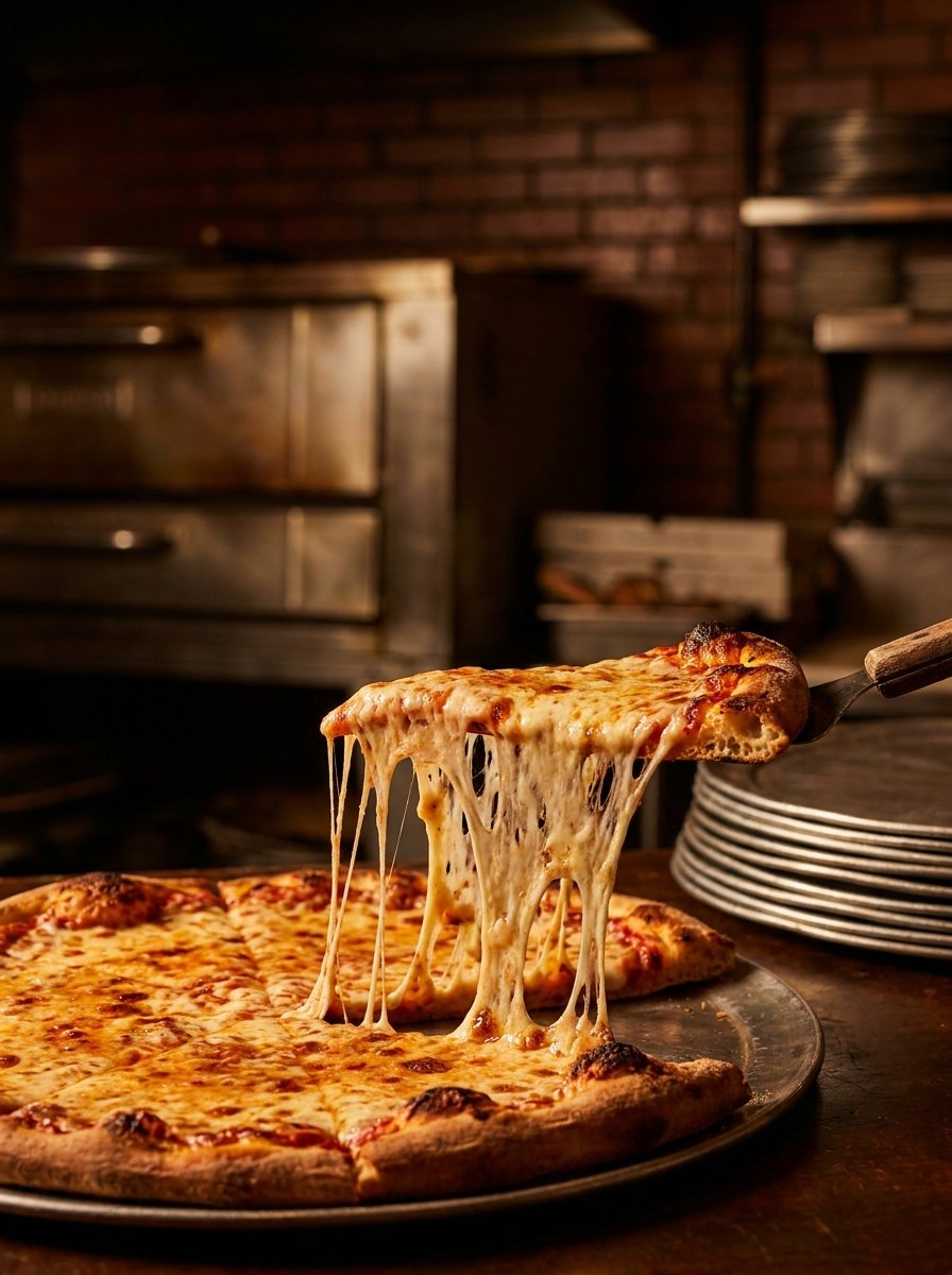 A New York pizza slice lifted on a steel spatula with a long mozzarella cheese pull
