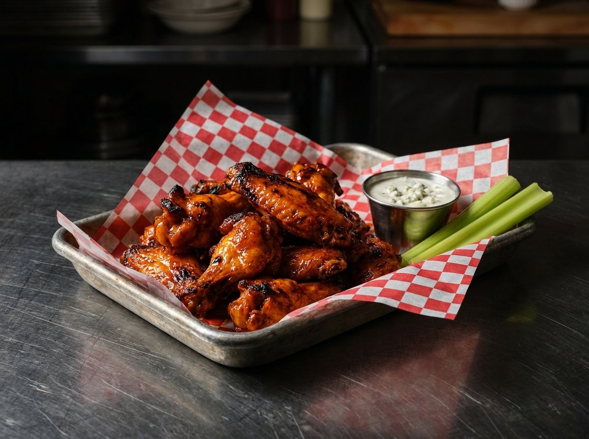 Buffalo wings piled on checkered wax paper with blue cheese and celery